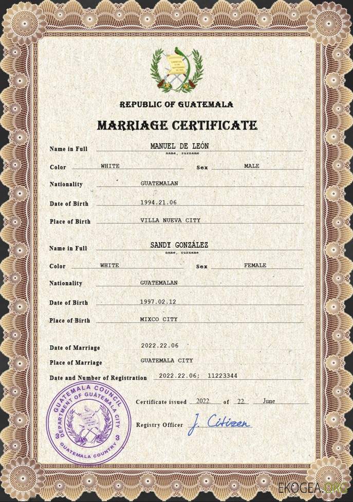 Modèle PSD de certificat de mariage au Guatemala